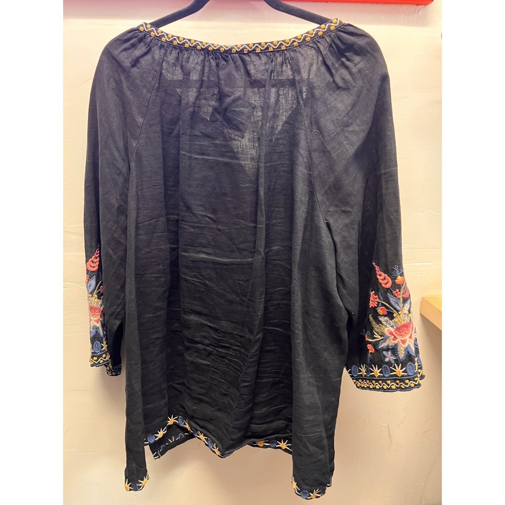 Johnny Was Black Heavily Embroidered Peach and Bluye Flowers Blouse - Picture 2 of 3